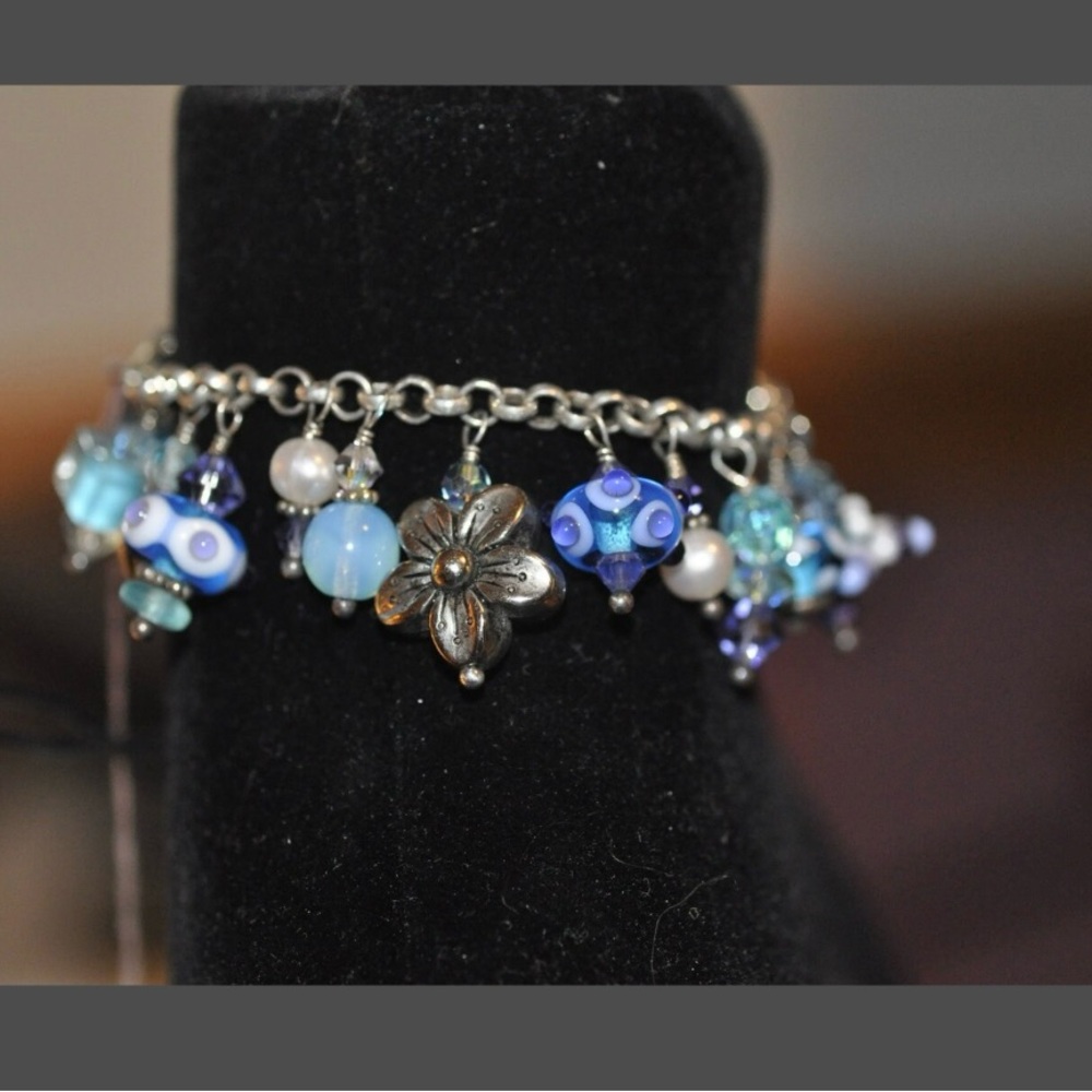 Silver and Blue glass Charm Bracelet